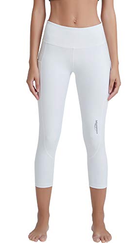 COOLOMG Yoga Pants 3/4 Capri Leggings Workout Running Capris Sports Tights with Deep Pockets White