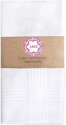 LACS Men's Solid White Cotton Handkerchiefs Hankies-Square 16 x 16"-12 Pack