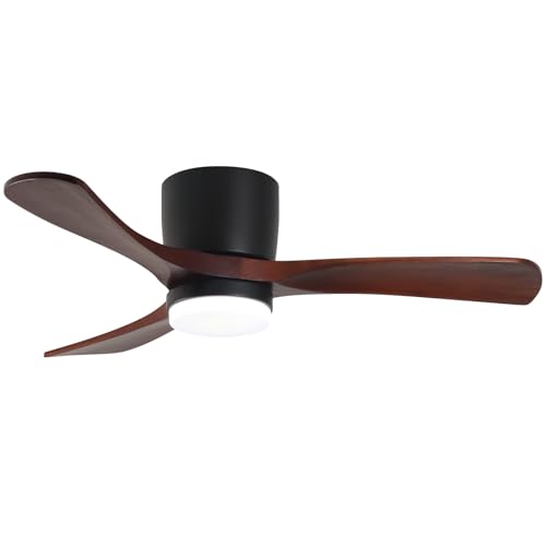 GESUM 42" Ceiling Fan with Lights Remote Control, Low Profile Ceiling Fan with 3 Walnut Wood Blades, Reversible,Dimmable, Flush Mount Ceiling Fans for Living Room Kitchen Bedroom(Black+Walnut)