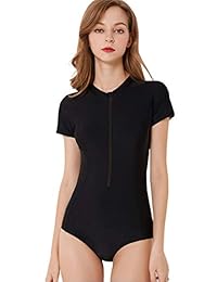 Dilinte traje de baño de una pieza de manga larga con cremallera y estampado floral, traje de baño con protección solar