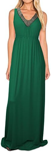 Elywish Women's Beaded V-Neck Empire Bodycon Formal Party Evening Maxi Dress