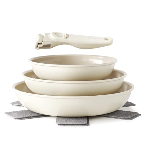 Redchef Pan Set with Removable Handle, Induction Pans, Ceramic Pan with Non-Stick Coating, 6-Piece 20, 24, 28 cm, Space-saving Ceramic Pans, PTFE, PFOA and PFAS-Free, Beige