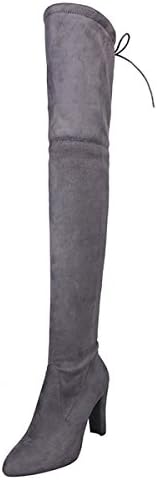 Thigh High Wide Womens Boots Side Zip Chunky High Heel Faux Suede Over The Knee Boots for Women
