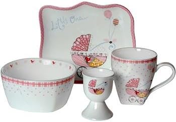 Supernova Decoracion-vajilla Children Ceramic 4 Pieces Decorated Pink Shades with Drawing Bebe Trolley