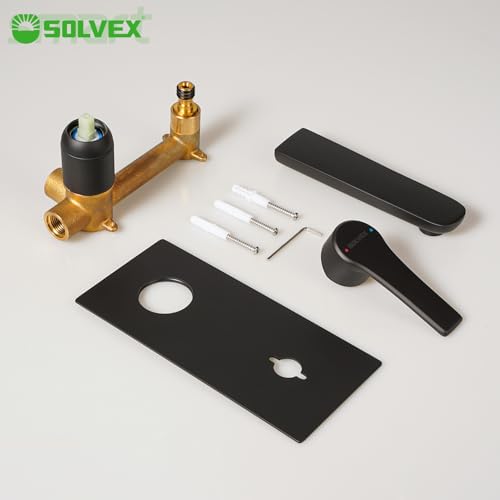 SOLVEX Moderno Grifo de Baño de Montaje en Pared, Monomando Grifo para Lavabo de Baño, Llave Monomando para Lavabo Latón, Grifo de Fregadero de Baño Con Válvula Rugosa, Negro Mate, SP-91003-N