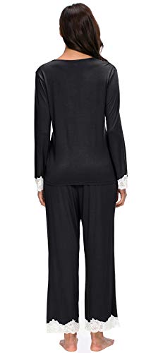 Jusfitsu Womens Cotton Pajamas Set Long Sleeve Top Shirt with Pants Sleepwear Modal Soft Loungewear Lace Black XL - Thumbnail 5