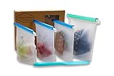 Reusable Silicone Food Storage Bags with free Spatula | Sous Vide, Sandwich, Snack, Lunch, Ziploc | Eco Friendly Microwave Dishwasher Freezer Safe, Leak Proof | 4 Pack Premium - 1 Large & 3 Medium