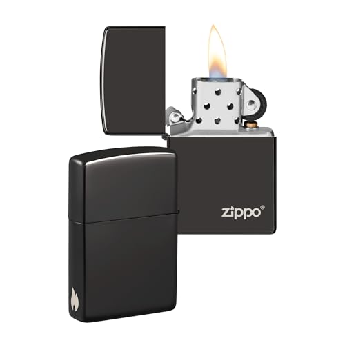 Zippo Sturmfeuerzeug - High Polish Black mit Logo & seitlicher Flammengravur - Nachfuellbar - Wiederverwendbar - Windfestes Design - Made in USA - Amazon Exclusive