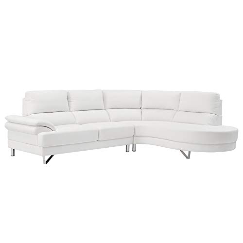 Sectional Sofa with Chaise 2-Piece Faux Leather Rounded Sleek Modern Design (White)