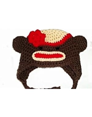 Handmade Girly Tan Red & Brown Sock Monkey Beanie with Red Flower Size 12-24 Months