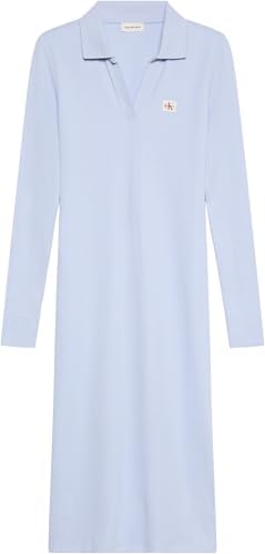 Vestido Polo Midi de Marca Tecido Feminino em Malha Canelada, Azul (Azul Casual), M