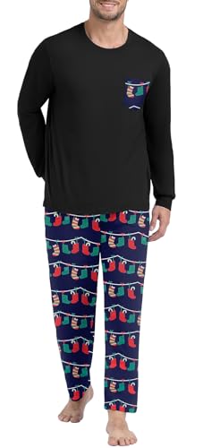 PrinStory Men's Pajama Sets Sleepwear Casual Long Sleeves Crewneck Shirts and Pants Soft Nightwear 2025 Blue Christmas Sock M at Amazon