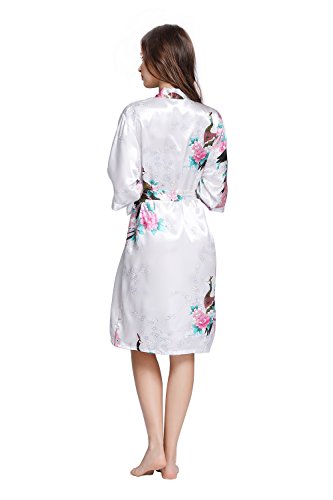 Amzchoice Women's Short Sleeve Kimono Robe Peacock & Blossoms for Spa, Wedding Bridal and Bridesmaid (L, White) - Thumbnail 3