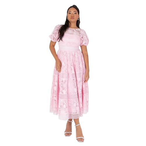 Maya Deluxe Womens Midaxi Ladies Floral Lace Round Neck Short Puff Sleeves Lace-up Back A-line Wedding Guest Prom Occasion Dress, Pink, 12 UK