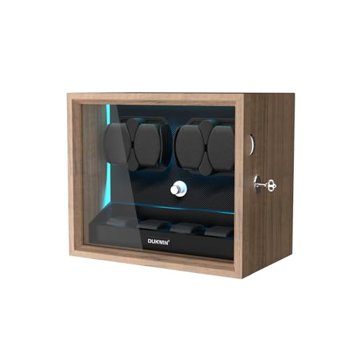 DUKWIN Watch Winder for 4/6/8/12 Automatic Watches, Lockable Automatic Winders with Extra 4/6 Watch Storages, 4 Rotation Modes, Quiet Mabuchi Motor, Sfot Watch Pillows and Blue Backlight