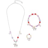 Multicolored Horse Beaded Girls Necklace Charm Bracelet Stretch Ring Set