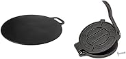 Victoria Cast Iron Pizza Crepe Pan, 15 Inch, Black & 8 Inch Cast Iron Tortilla Press. Tortilla Maker, Flou