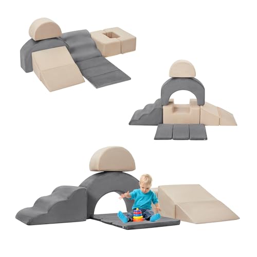Garvee 7-Piece Toddler Climbing Toys, Indoor Soft Foam Play Blocks for Baby, Montessori Soft Play Set with Slide, Stairs & Ramp, Indoor Playground for Toddlers 1-3, Nursery & Playroom, Gray & Beige