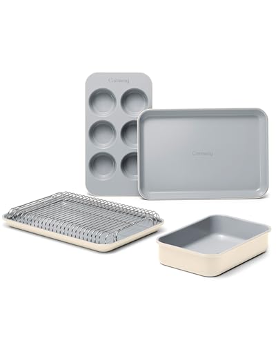 Caraway Mini Bakeware Set – Naturally Non-Stick, Non-Toxic Ceramic Coating – Compact Baking Pans Set for Small Kitchens & Ovens – Includes Baking Sheets, Muffin Pan, Cooling Rack & Storage - Cream