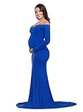 JustVH Maternity Fitted Gown Cross-Front V Neck Ruched Long Sleeve Maxi Photography Dress Royal Blue