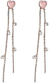 Long Tassel Double Teardrop Rose Gold Plated Heart Cubic Zirconia Pink Stud Earrings For Women Girls(Pink)