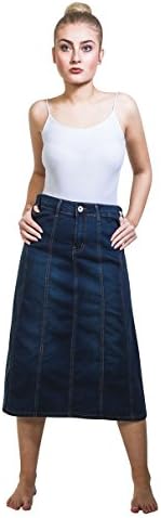 A-Line Stretch Denim Midi Skirt Flared Jean Skirt Darkwash