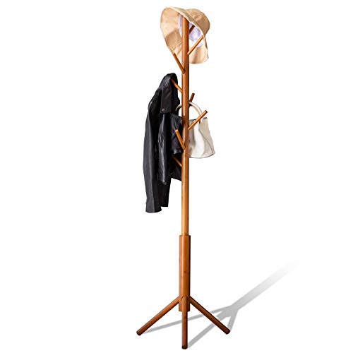 BMOSU Bamboo Coat Rack Freestanding Stand Tree Adjustable Coat with 3