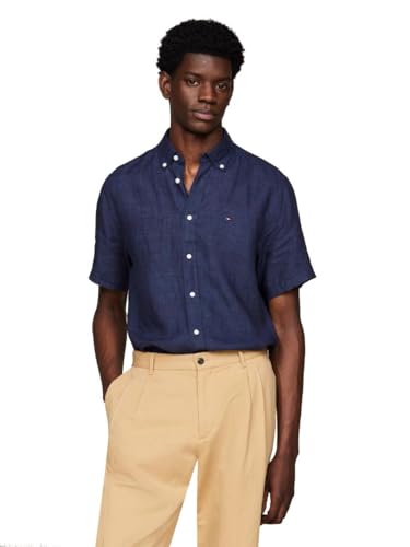 Tommy Hilfiger Men’s Pigment Dyed Linen Regular Short Sleeve Shirts, Carbon Navy Medium