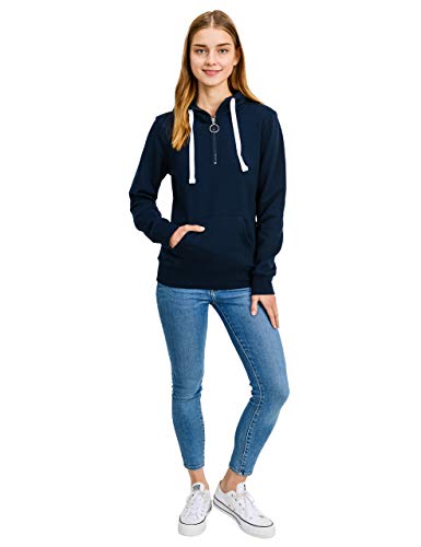 esstive Women's Basic Solid Fleece 1/4 Zip-Up Hooded Pullover Sweatshirt, Navy, Medium