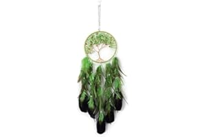 Pretty Jolly Green Tree of Life Dream Catcher Wall Decor with Healing Crystal Stone Handmade Feather Dream Catchers Decoration Wall Hanging Bedroom Living Room Wedding Party Home Decor-25.6"