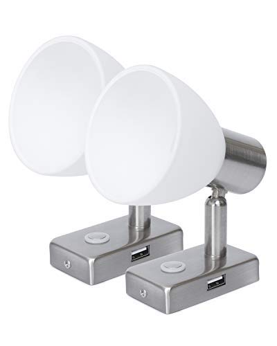 lighteu, 2X 12V 3W D1 USB Ceiling/Wall Spotlight, Nickel Finish, Reading Light Turn and Swivel with Touch Switch Dimmable Warm White/Blue Light for Yacht, Caravan, RV