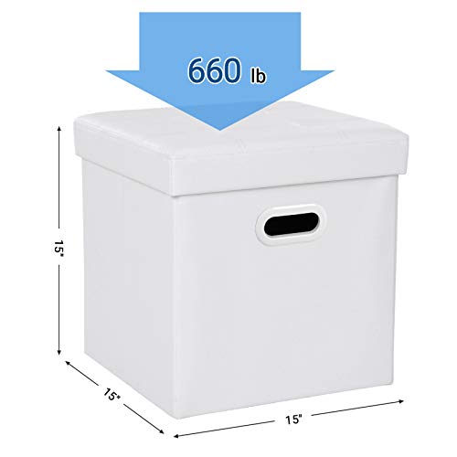 SONGMICS Faux Leather Folding Storage Ottoman Cube Foot Rest Stool Seat W' Hole Handle 15" x 15" x 15" White ULSF30W - Thumbnail 6