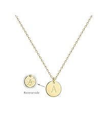 Befettly Collar colgante de disco redondo chapado en oro de 14 K con inicial, doble cara, grabado, 16.5 pulgadas, ajustable personalizado letra colgante