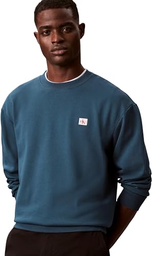 Uomo Felpa Terry Badge con Scollo Rotondo, Blu (Navy Teal), M