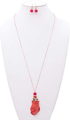 {JN0174 J JEWELRY} WOMEN'S FASHIONABLE NATURAL STONE PENDANT LONG NECKLACE AND EARRINGS SET (RED)