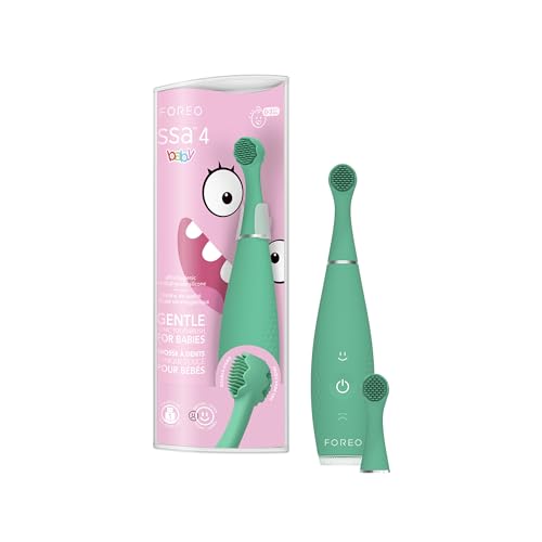 ISSA 4 Baby - Brosse a dent bebe sonique en silicone: poils double-face, smiley ludique, massage gencives - Brosse à dent électrique, 12 mois, batterie 240 jours, idéal voyage, Kiwi Green