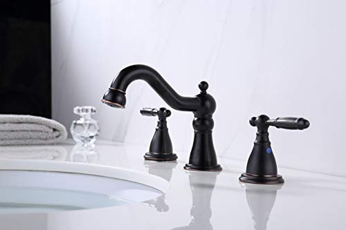 RKF Two Handle Widespread Bathroom Sink Faucet with Pop-up Drain with overflow and Faucet Supply Hoses,Oil Rubbed Bronze,WF013-4-ORB