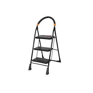 Happer Premium Foldable Step Plastic and Alloy Steel Ladder, Clamber, 3 Steps (Black & Orange)