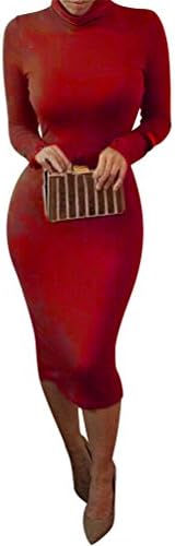 Laiyuan Women Turtleneck Long Sleeve Slim Bodycon Wrap Tunic Pencil Midi Dress S Red