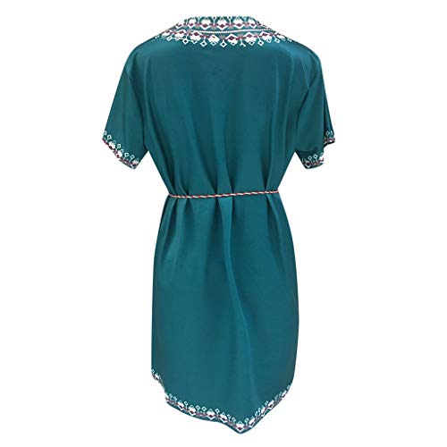 Respctful✿Womens Casual 3/4 Sleeve Floral Embroidered Mexican Peasant Dressy Tops Deep V Neck Lace Blouses Shirt Dress Tunic Green - Thumbnail 3