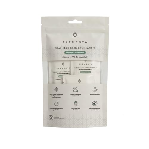 Elementa Toallitas Desmaquillantes Individuales, Toallitas Húmedas para Desmaquillar Ojos y Rostro, con Aloe Vera y Vitamina E, Hipoalergénicas, Biodegradables | 20 Toallitas Individuales