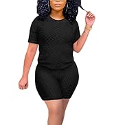 Alunzoem Short Sets Women 2 Piece Outfits Textured Tracksuit Short Sleeve Top Biker Shorts Workou...