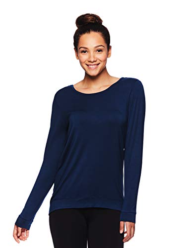 Gaiam Women's Long Sleeve Yoga & Workout T Shirt - Activewear Top w/Open Back Detail - Emma Moonlit Ocean, Large