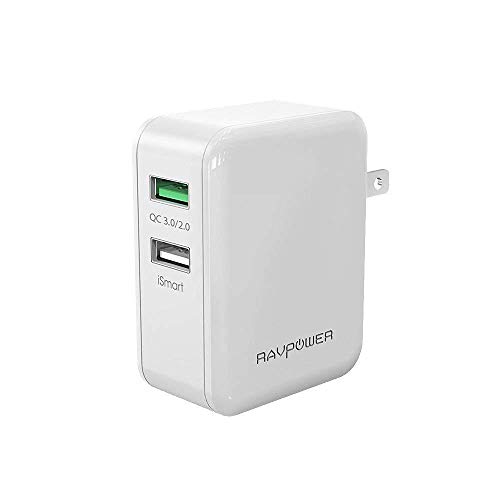 USB Fast Charger RAVPower 30W Quick Charge 3.0 Wall Charger Dual USB Plug, Compatible Galaxy S8 S7, Note 8, Google Pixel, Nexus, HTC and iSmart Port Compatible iPhone XS Max XR X 8 7 Plus (White)