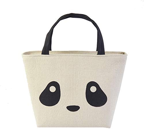Cotton Linen Lunch Bag Insulated Cooler Bag Sandwich Carry Bag with Zipper for Kids Students School Picnic Lightweight Panda