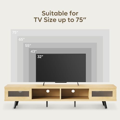 Bestier Mid Century Modern TV Stand for 75 inch TV, 70 inch TV Stand with Storage and Tempered Glass Sliding Doors, Low Profile TV Consoles, Stylish, LED Light, Modern, White Maple