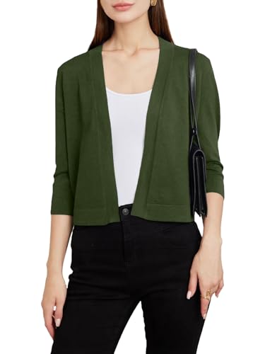 LANSALIRO WOMEN’S CASUAL 3/4 SLEEVE SWEATER SHRUGS OPEN FRONT LIGHTWEIGHT KNITTED CARDIGANS D GREEN