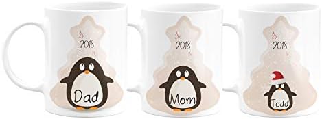 Christmas Gifts Personalized Coffee Mug - Santa's Sleigh and Reindeers & Penguins with Your Family Name - 11oz - Christmas Gifts, Birthday Gifts, Housewarming Gifts - Design 3 - Set of 3