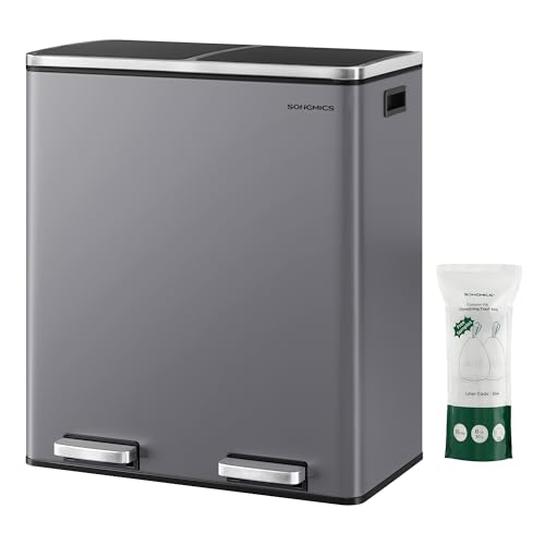 SONGMICS Mülleimer, 2 x 30 Liter, 2 Fächer, Mülltrennsystem, Treteimer, Abfalleimer Küche, 15 Müllsäcke, Metall, Inneneimer aus Kunststoff, Klappdecke