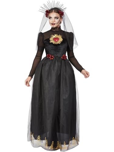Smiffys Disfraz de novia de corazón sagrado del Día de Muertos, Negro, Vestido y diadema velada Halloween, Carnaval
